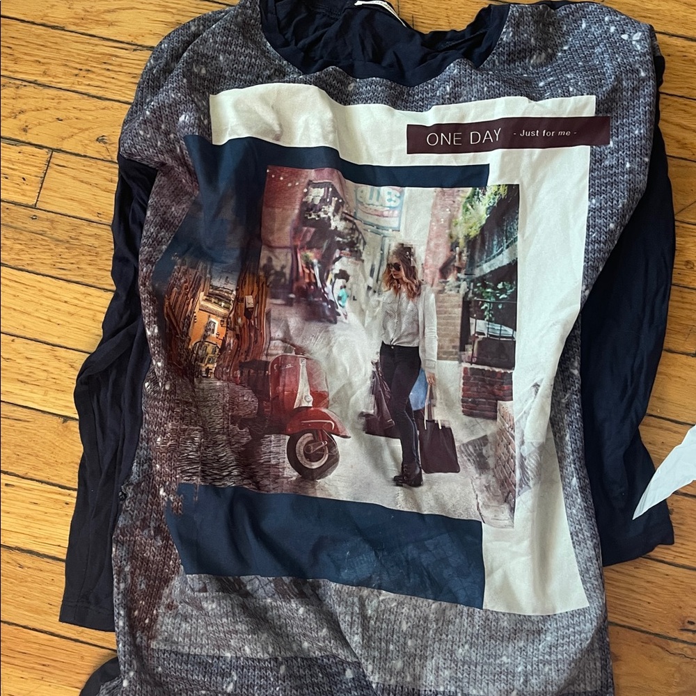 Promod Long Sleeve Graphic Tee - Black and Gray